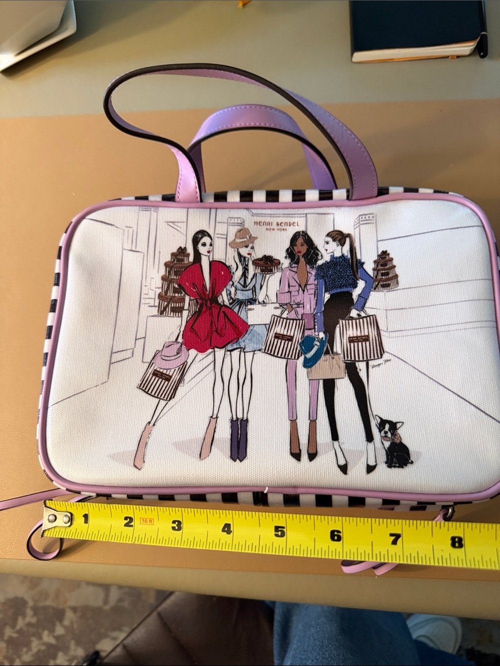 henri bendel White Canvas Crossbody with Pink Trim and Illustrated Fashion Scene